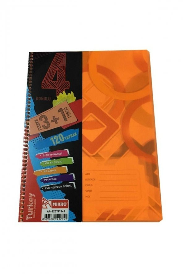 A4 Spiralli 3 Kareli 1 Çizgili (3+1) 120 Yp Konulu Defter