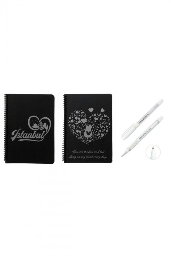 2 Adet Desenli Siyah Defter Siyah Yapraklı Defter - Siyah Sayfalı Defter 2 Adet Beyaz Jel Kalem