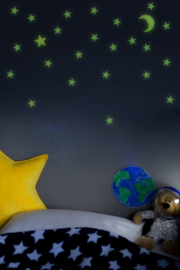 50 Adet Fosforlu Mini Yıldız, Büyük Yıldız ve Ay Yeşil Karanlıkta Parlar Duvar ve Tavan Çocuk Odası Süs Sticker