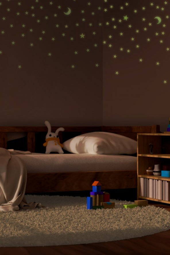 100 Adet Fosforlu Mini Yıldız, Büyük Yıldız ve Ay Yeşil Karanlıkta Parlar Duvar ve Tavan Çocuk Odası Süs Sticker