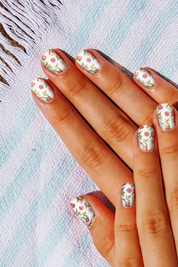 Pembe Çiçekler Tırnak Dövmesi, Tırnak Tattoo, Nail Art, Tırnak Sticker - 1