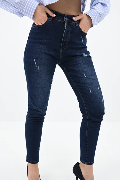 Kadın Yüksek Bel Lacivert Jean Pantolon 6178-23 - 2