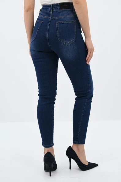 Kadın Yüksek Bel Lacivert Jean Pantolon 6179-23 - Resim 7