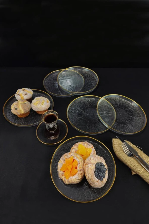 Digithome Rexy 6lı Cam Pasta Tabağı 21 Cm Gold Rim - 16578 - 2