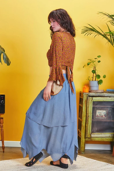 Bohem Tarz Katlı Salaş Beli Lastikli Uzun Etek - Resim 3