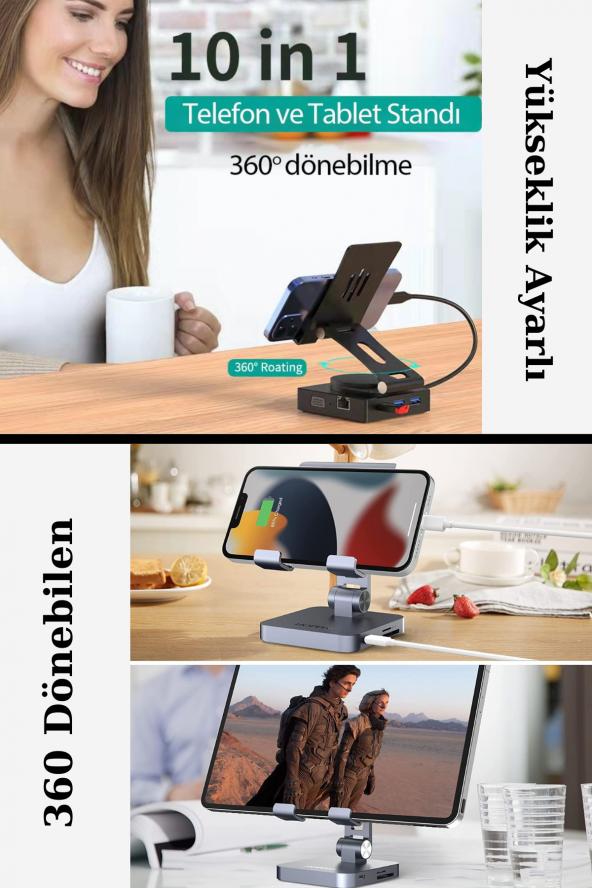 Tablet Standlı 360 Dönebilen 10 in 1 Hub Usb Hdmi Vga SD/TF Çoklayıcı Stand - 4