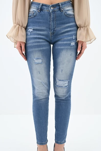 Kadın Yüksek Bel Yırtık Detaylı Mavi Jean Pantolon 6180-23 - 5