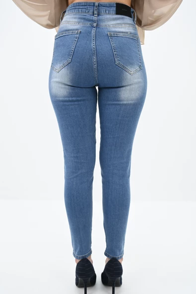 Kadın Yüksek Bel Yırtık Detaylı Mavi Jean Pantolon 6180-23 - 6