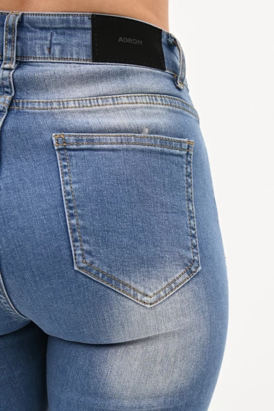 Kadın Yüksek Bel Yırtık Detaylı Mavi Jean Pantolon 6180-23 - 7