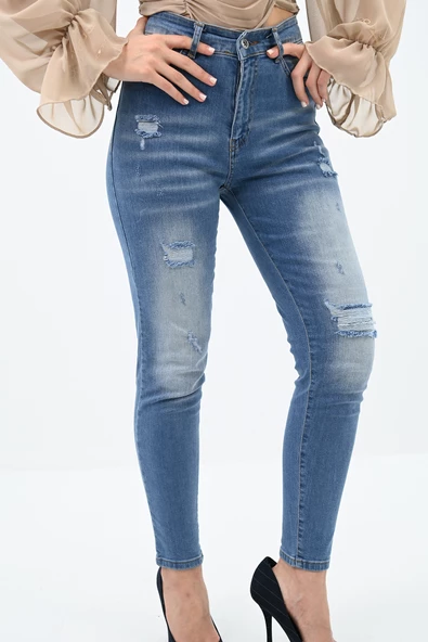 Kadın Yüksek Bel Yırtık Detaylı Mavi Jean Pantolon 6180-23 - 3