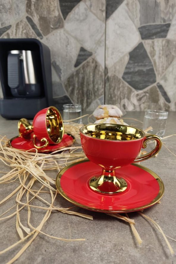Digithome Kosova Porselen 2 Kişilik Yaldızlı Kahve Fincan Takımı Kırmızı - İST-76 ürün görseli
