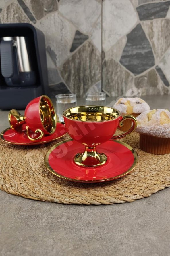 Digithome Kosova Porselen 2 Kişilik Yaldızlı Kahve Fincan Takımı Kırmızı - İST-76 - Resim 3