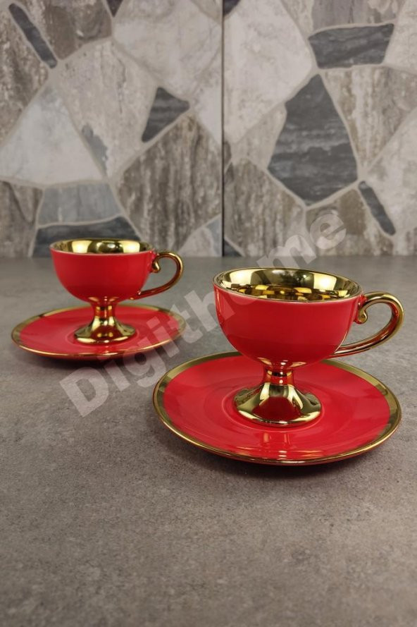 Digithome Kosova Porselen 2 Kişilik Yaldızlı Kahve Fincan Takımı Kırmızı - İST-76 - Resim 5