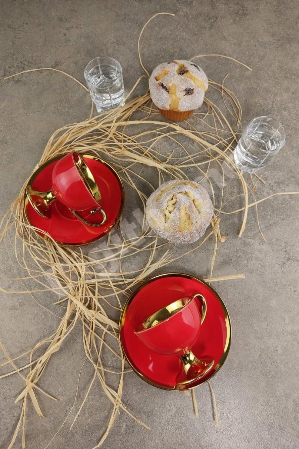 Digithome Kosova Porselen 2 Kişilik Yaldızlı Kahve Fincan Takımı Kırmızı - İST-76 - Resim 2