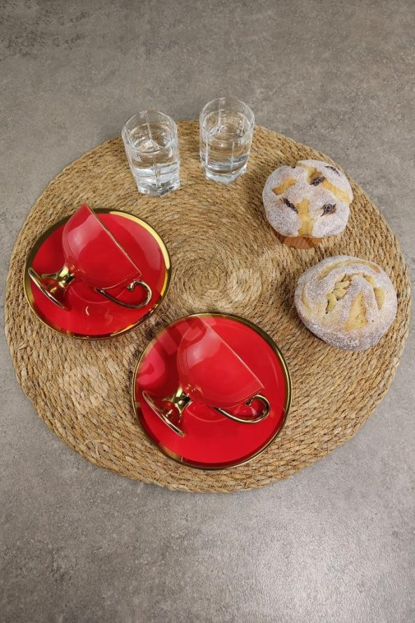 Digithome Kosova Porselen 2 Kişilik Yaldızlı Kahve Fincan Takımı Kırmızı - İST-76 - Resim 4