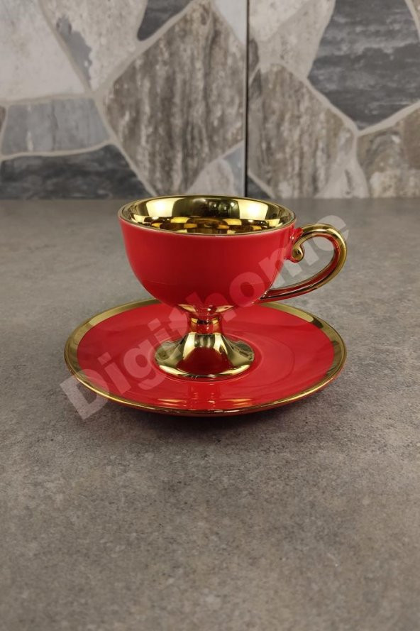 Digithome Kosova Porselen 2 Kişilik Yaldızlı Kahve Fincan Takımı Kırmızı - İST-76 - Resim 6