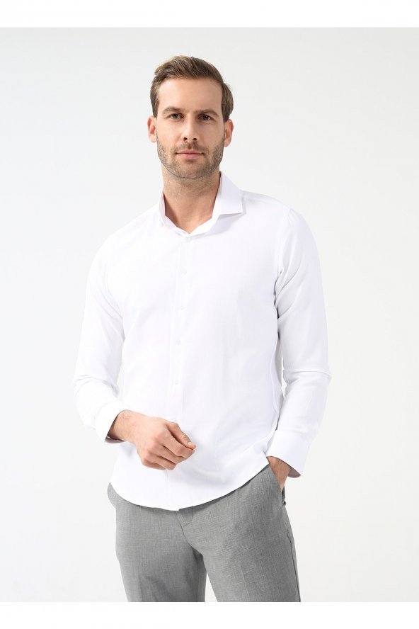 Klasik Yaka Armürlü Beyaz Erkek Gömlek Gm2024700369 - 3