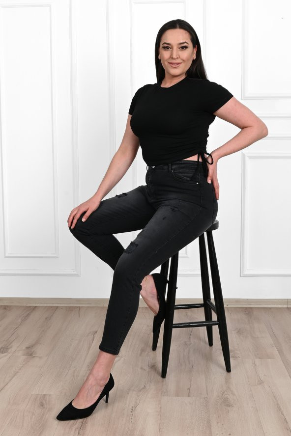 Kadın Büyük Beden Yırtmaçlı Füme Jean Pantolon 6191-23 - 2