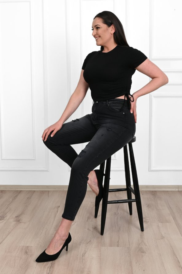 Kadın Büyük Beden Yırtmaçlı Füme Jean Pantolon 6191-23 - 3