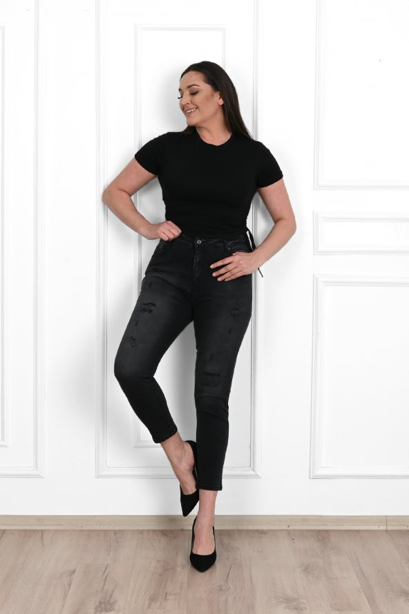Kadın Büyük Beden Yırtmaçlı Füme Jean Pantolon 6191-23 - 5