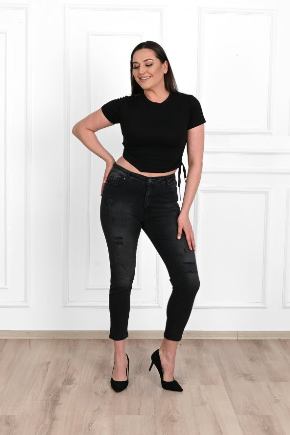 Kadın Büyük Beden Yırtmaçlı Füme Jean Pantolon 6191-23 - 6