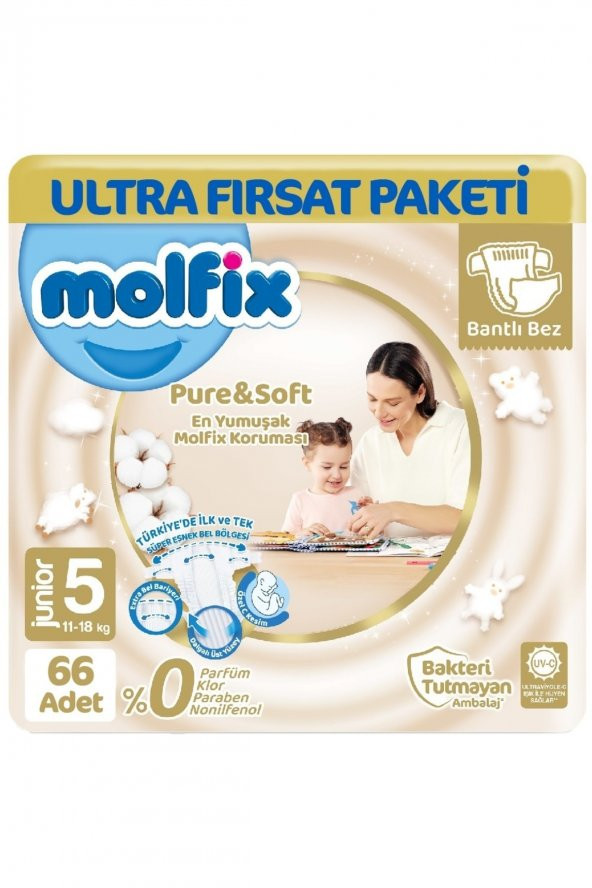 Molfix   Pure Soft Ultra Avantaj Bebek Bezi 5 Beden 66 Adet