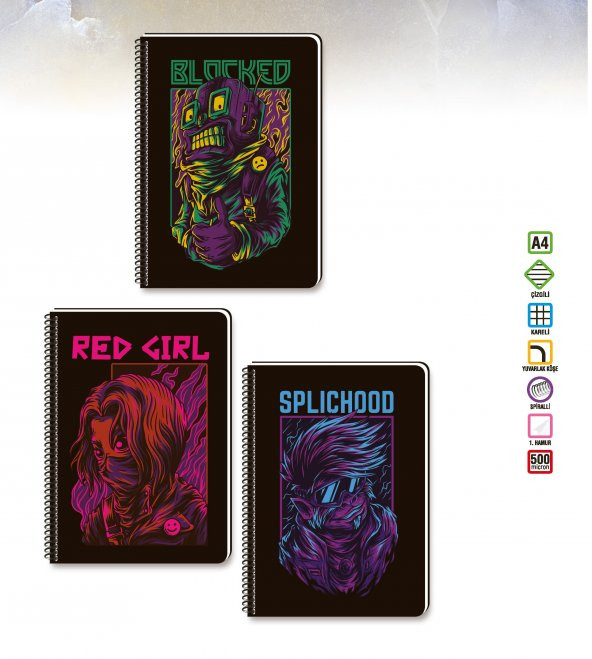 Keskin Color A4 Rebel Plastik Kapak 60 Yaprak Kareli Spiralli Defter - 1