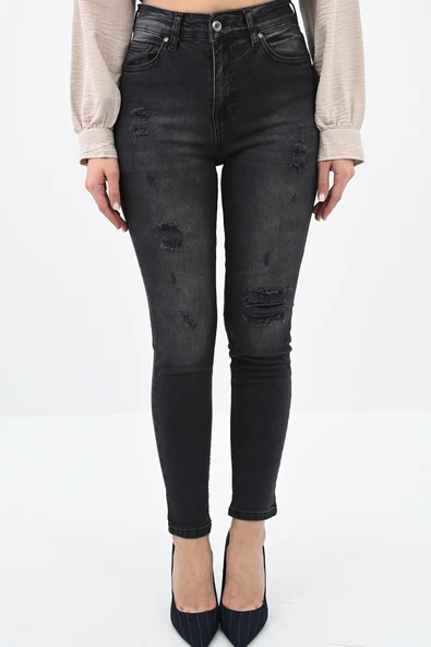 Kadın Yüksek Bel Yırtmaçlı Füme Jean Pantolon 6190-23 - 3