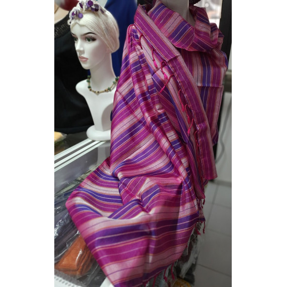 İpekli Buldan  Dokuma Peştemal - 90 x 168 cm - Mor&Fuşya&Açık Pembe&Sarı çizgili - 4