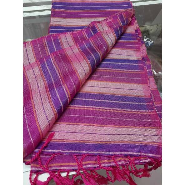 İpekli Buldan  Dokuma Peştemal - 90 x 168 cm - Mor&Fuşya&Açık Pembe&Sarı çizgili - 8