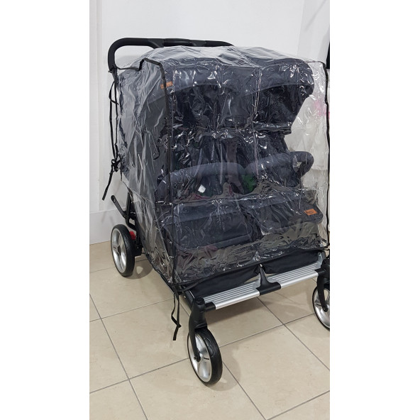 Ritim Çocuk Arka Orta Fermuarlı Yanyana İkiz Bebek Arabası Yağmurluğu - Özel Üretim - ikiz yağmurluk - 4