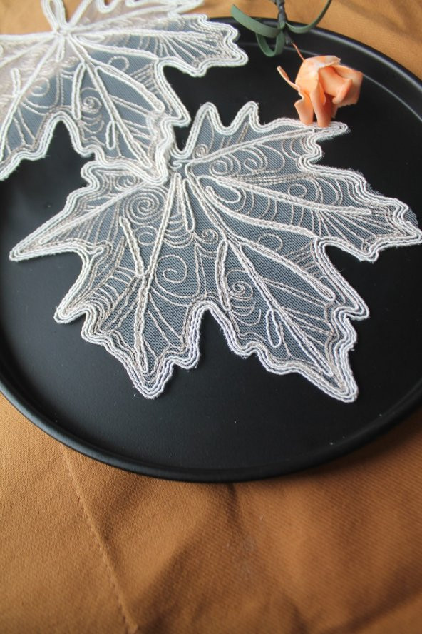 6 Adet Gold Krem Sonbahar Yaprağı Bardak Altlığı & Kokteyl Peçetesi - 4