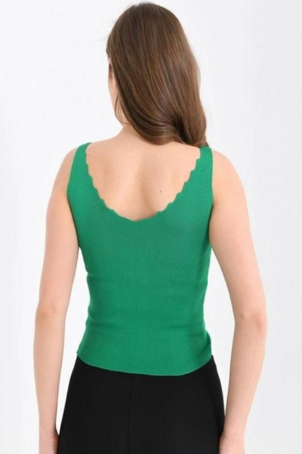 Askılı Merdiven Desenli Kadın Yeşil Crop Triko Bluz - 5