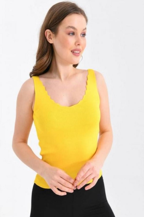 Askılı Merdiven Desenli Kadın Sarı Crop Triko Bluz - 3