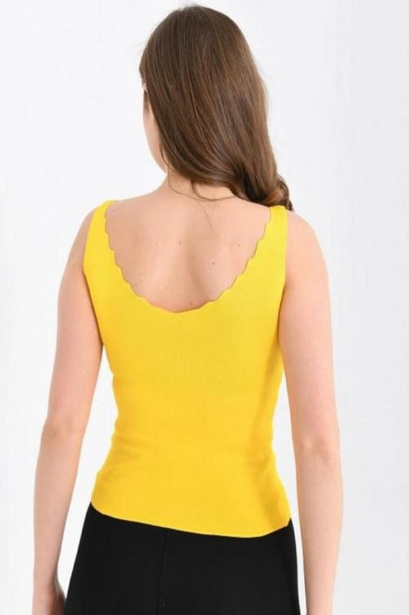 Askılı Merdiven Desenli Kadın Sarı Crop Triko Bluz - 5
