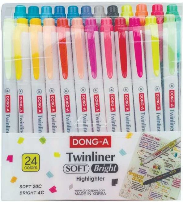 Dong-A Twinliner Soft-Bright Fosforlu Kalem Çift Taraflı 24 lü Set