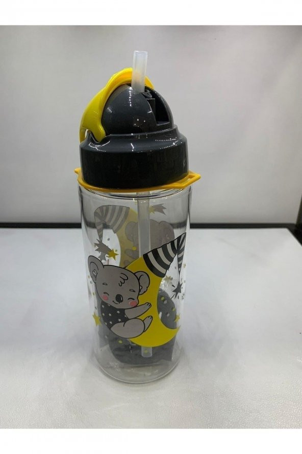 Third Tritan Sarı Desenli Pipetli Matara 500 Ml Bpa Free Askılı Suluk