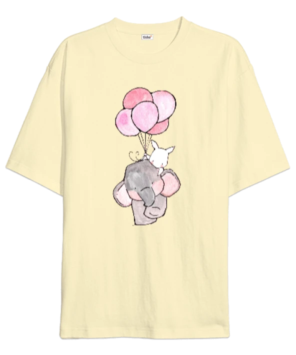 Fil ve Tavşan Baskılı Oversize Unisex Tişört