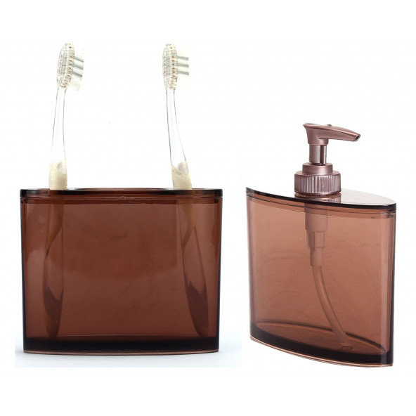 ZBOSP-C6 OVAL SİVİ SABUNLUK DİŞ FIRÇALİK 2 Lİ BANYO SETİ KAHVERENGİ AKRİLİK - Resim 2