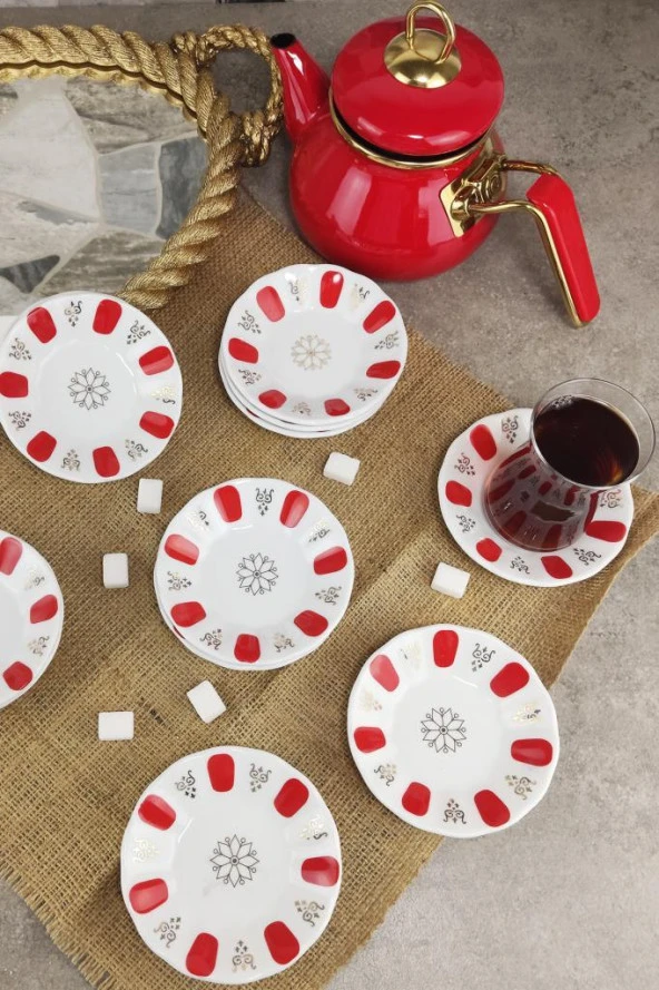 Digithome İpek Porselen 12’li Kahveci Kırmızı Acem Çay Tabağı Yaldızsız - CT10 64426
