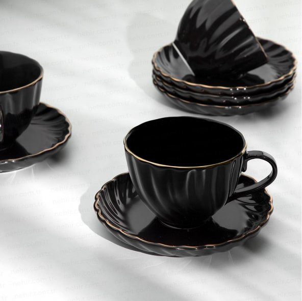 Nehir porselen sedef yaldızlı kahve fincan takımı seti  6 kişilik siyah