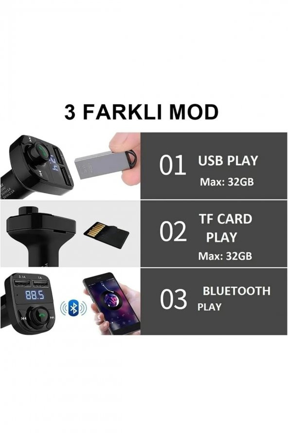 Car X8 Araç Fm Transmitter 5.0 Bluetooth Araç Kiti Usb Mp3 Sd Kart Çakmaklık Girişli Araba Oto Teyp - 2
