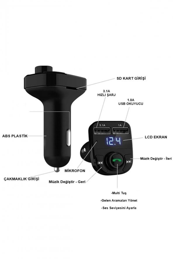 Car X8 Araç Fm Transmitter 5.0 Bluetooth Araç Kiti Usb Mp3 Sd Kart Çakmaklık Girişli Araba Oto Teyp - 3