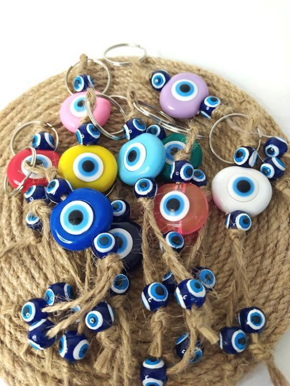 Nazar Boncuk Anahtarlık 10 Adet Kötü Göz Kovucu Nazar Hand Made Hasır Renkli Boncuklu Nazarlı Anahtarlık
