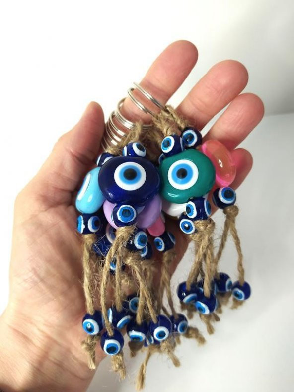 Nazar Boncuk Anahtarlık 10 Adet Kötü Göz Kovucu Nazar Hand Made Hasır Renkli Boncuklu Nazarlı Anahtarlık - 2