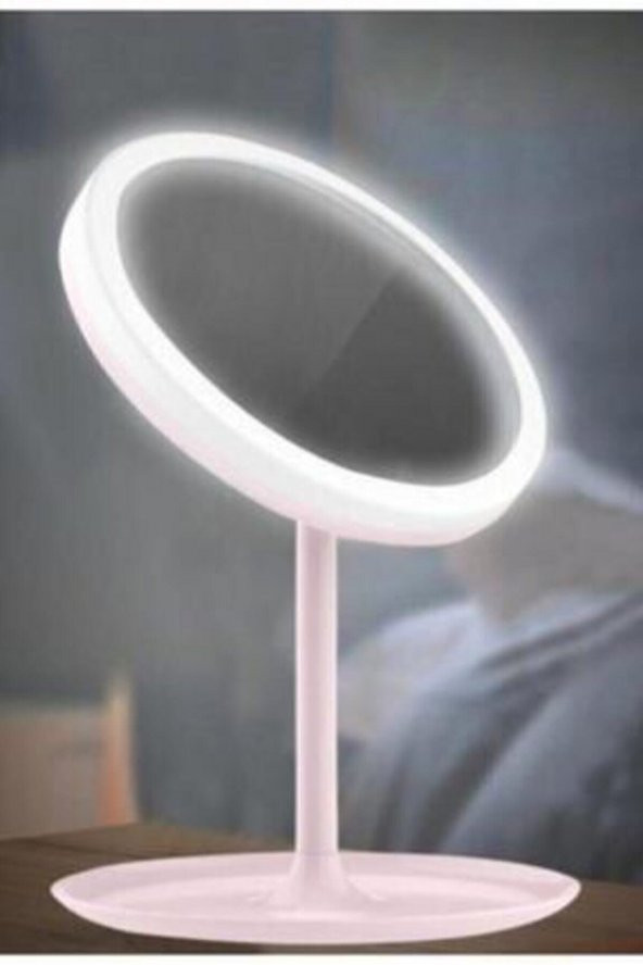 Dokunmatik Led Işıklı Usb Li Yuvarlak Masa Üstü Makyaj Aynası Pembe Makyaj Aynası Ledli - 4