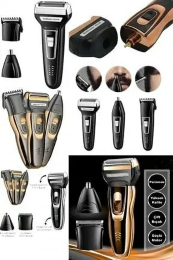 Şarjlı Saç Sakal Traş Makinesi Burun Kılı Alma 3 Başlıklı Set 007 - 1