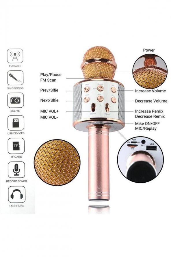 Karaoke Mikrofon Bluetooth Aux Usb Sd Kart Girişli Mavi - 2