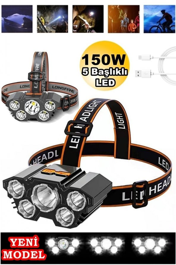 150w Ultra Güçlü Led Şarjlı 5 Led 5x Cree Led Kafa Feneri Avcı Feneri Balıkçı Kamp Feneri 5baslikli