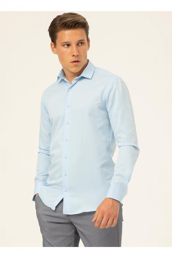 SÜVARİ Klasik Yaka Armürlü Mavi - Buz Erkek Gömlek - Resim 2